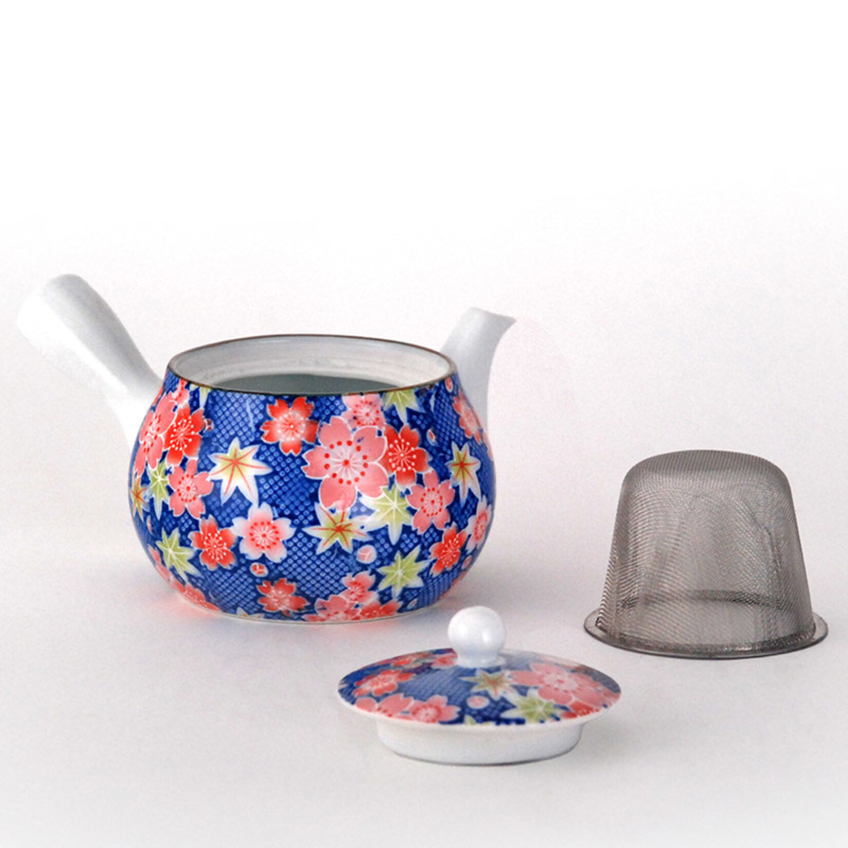 Kyusu Teapot w/ Strainer 14oz  Blue w/Flowers- SN7-YBL