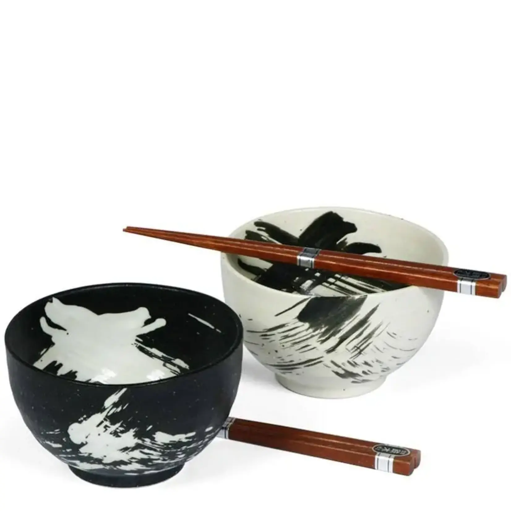 Bowl Set / 2 - Black & White Brush Stroke 5" w/Chopsticks G915