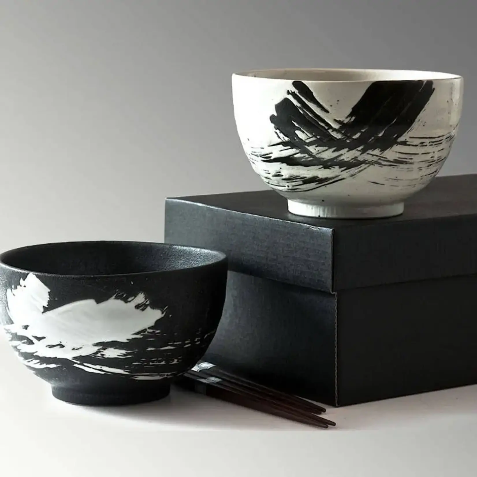 Bowl Set / 2 - Black & White Brush Stroke 5" w/Chopsticks G915