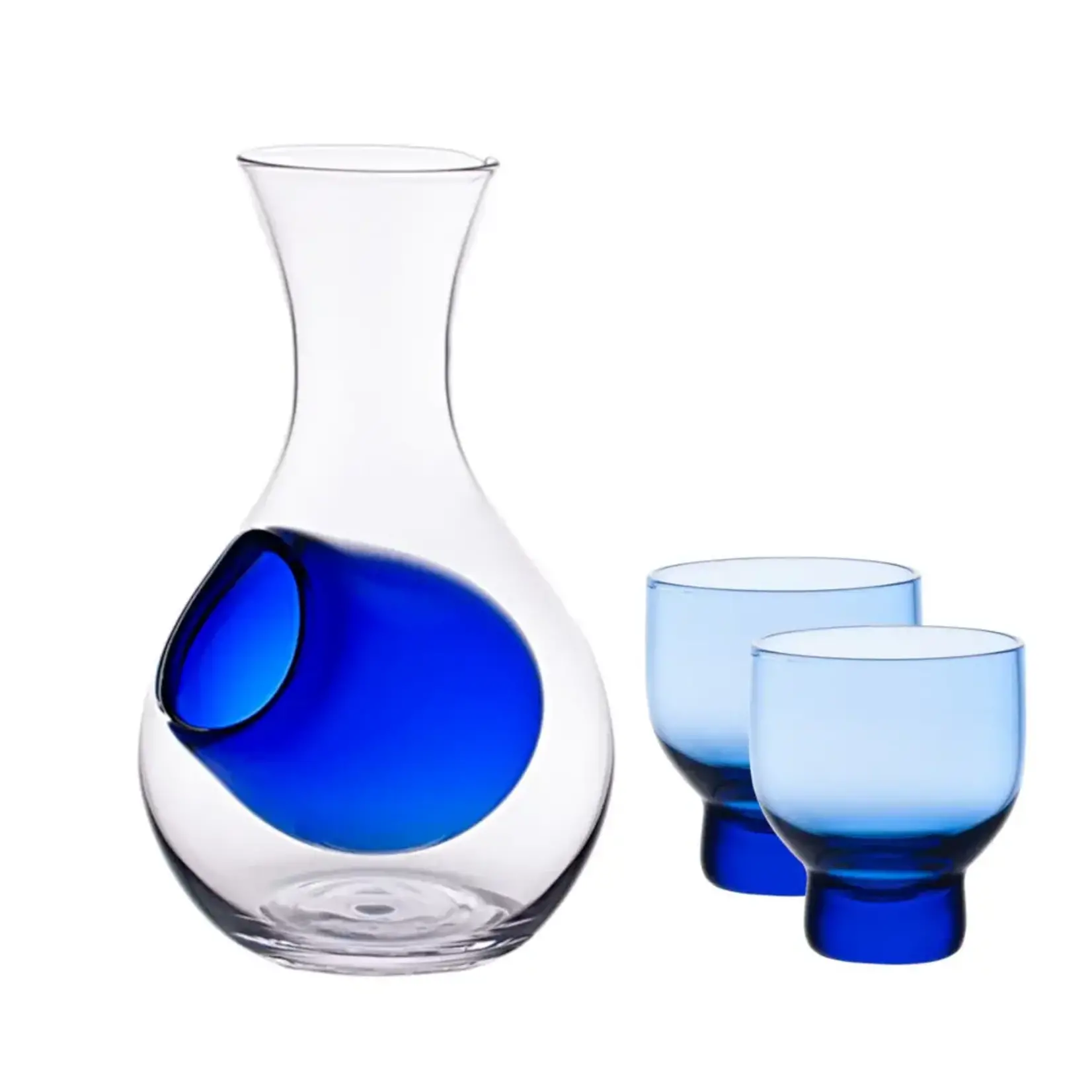 Sake Set - 12oz Glass Sake Bottle With Ice Pocket & 2 Cups - Blue - SKSG12-B