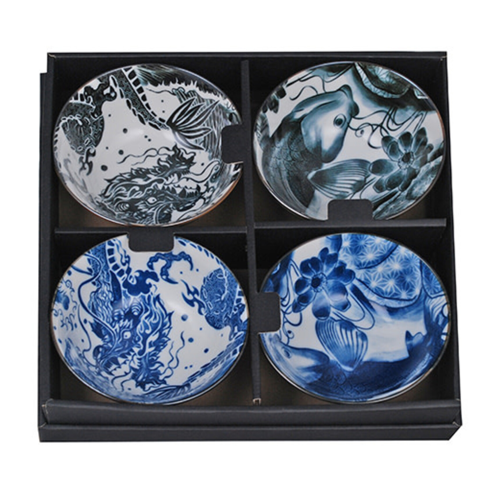 4pc Soup Bowl Set - Blue / Black Dragons & Koi RT115-JDK