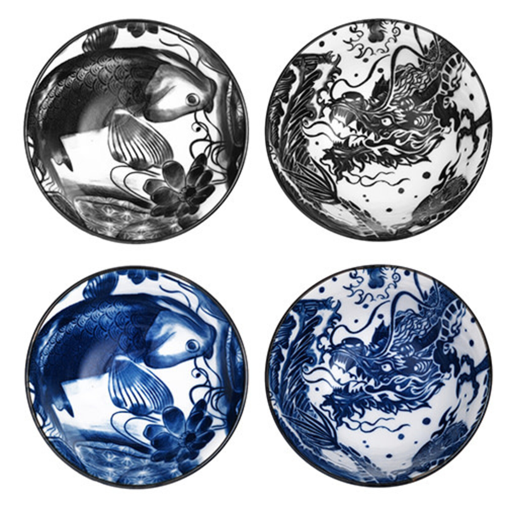 4pc Soup Bowl Set - Blue / Black Dragons & Koi RT115-JDK