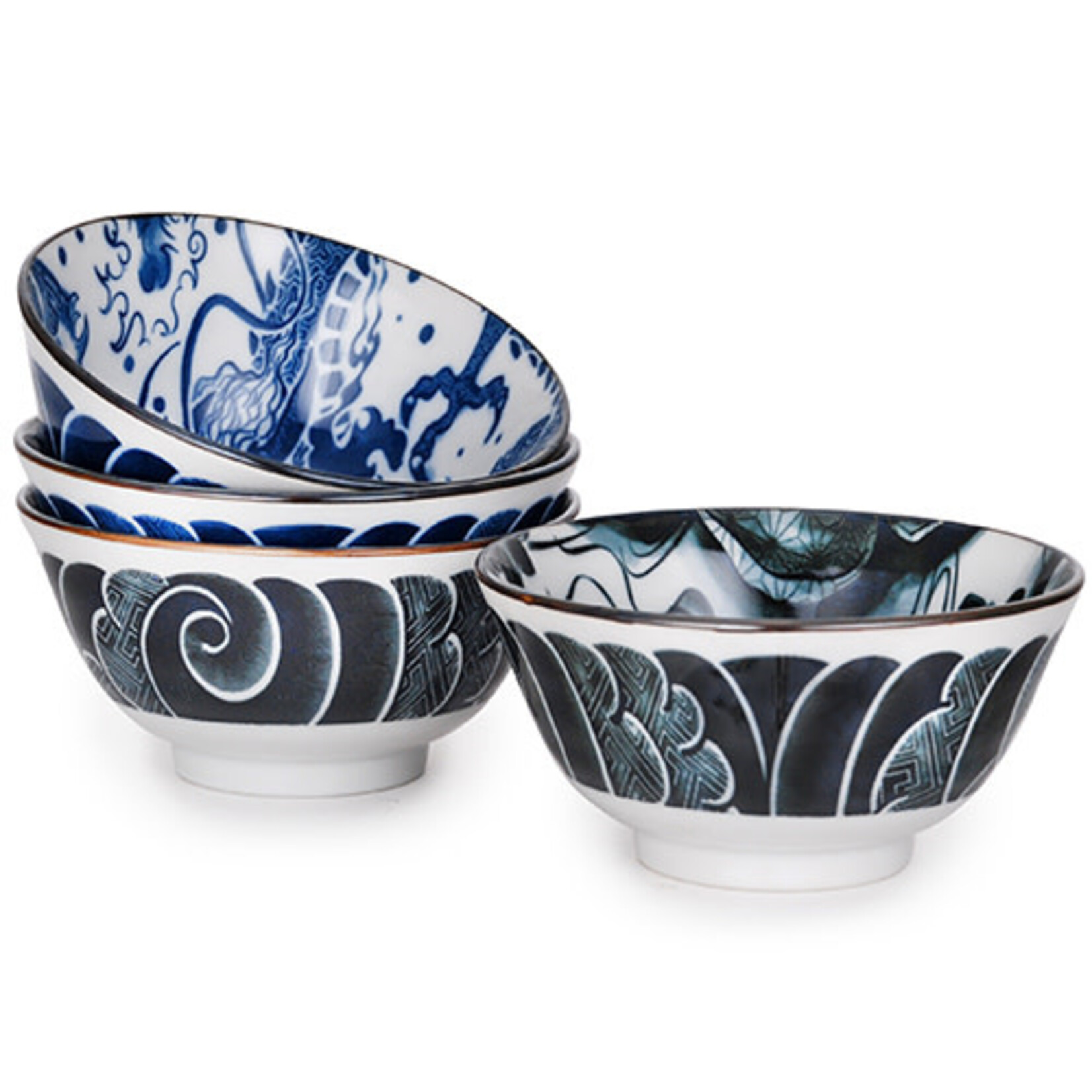 4pc Soup Bowl Set - Blue / Black Dragons & Koi RT115-JDK