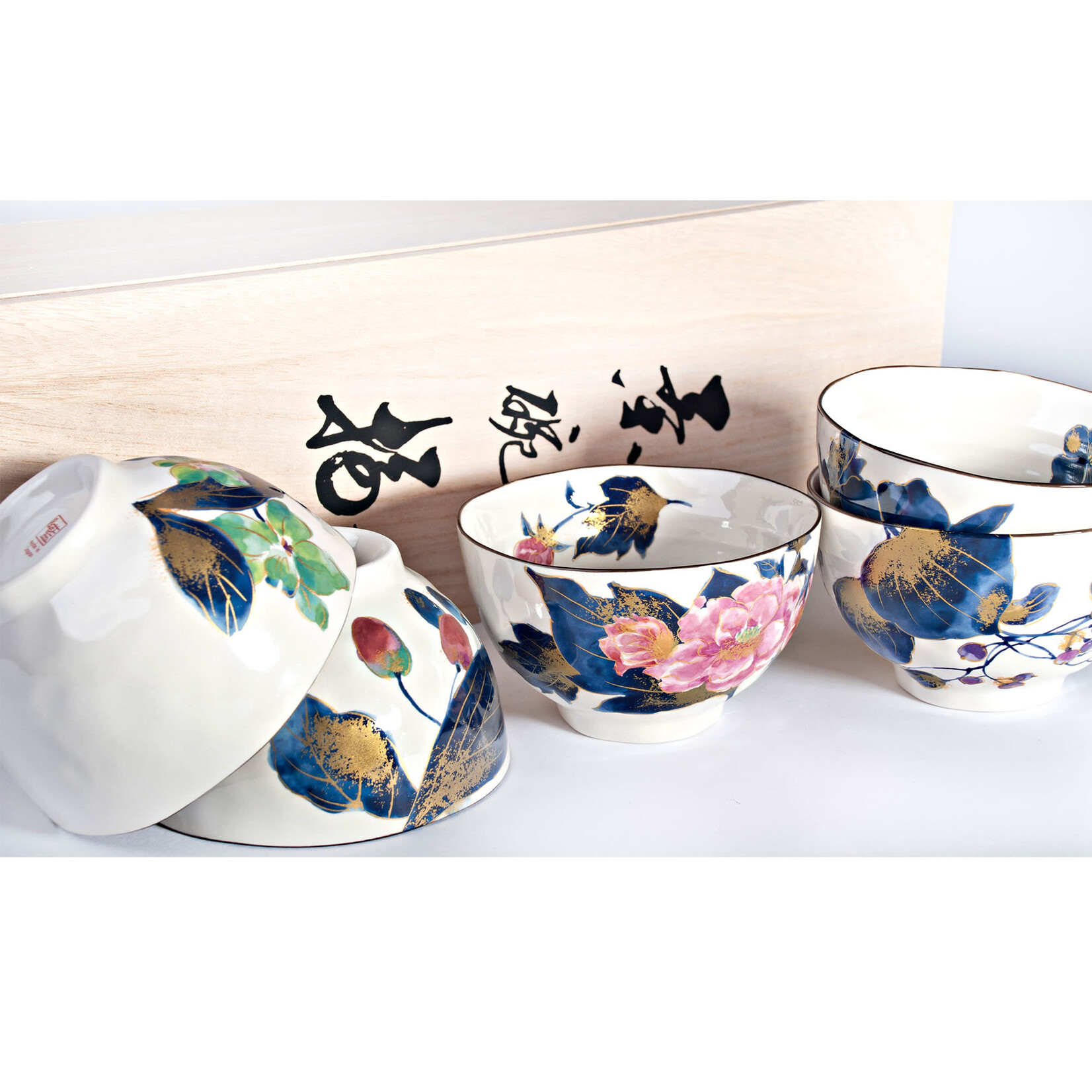 5pc Bowl Set in Wooden Box - Blue Flower Patterns CA54-HC