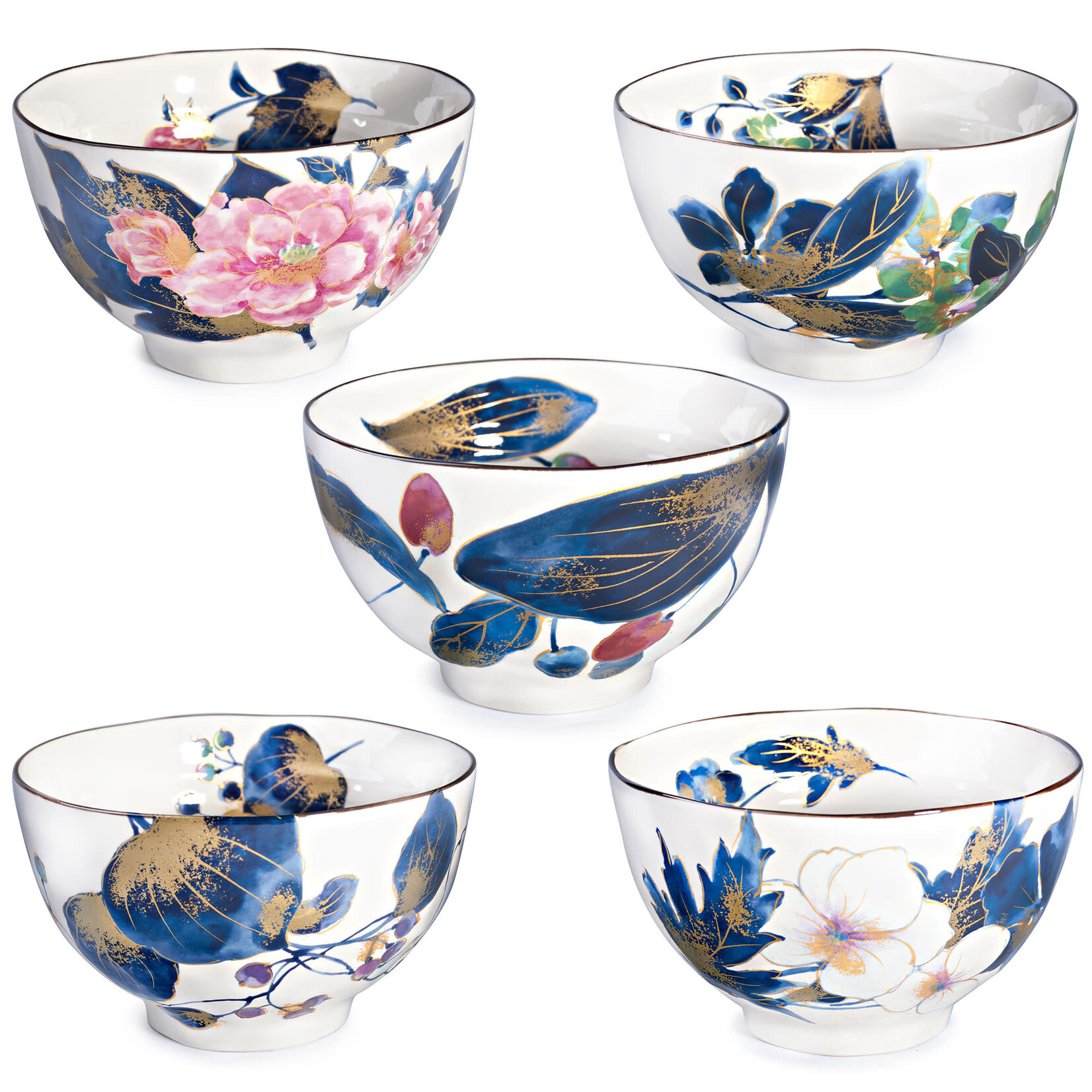 5pc Bowl Set in Wooden Box - Blue Flower Patterns CA54-HC