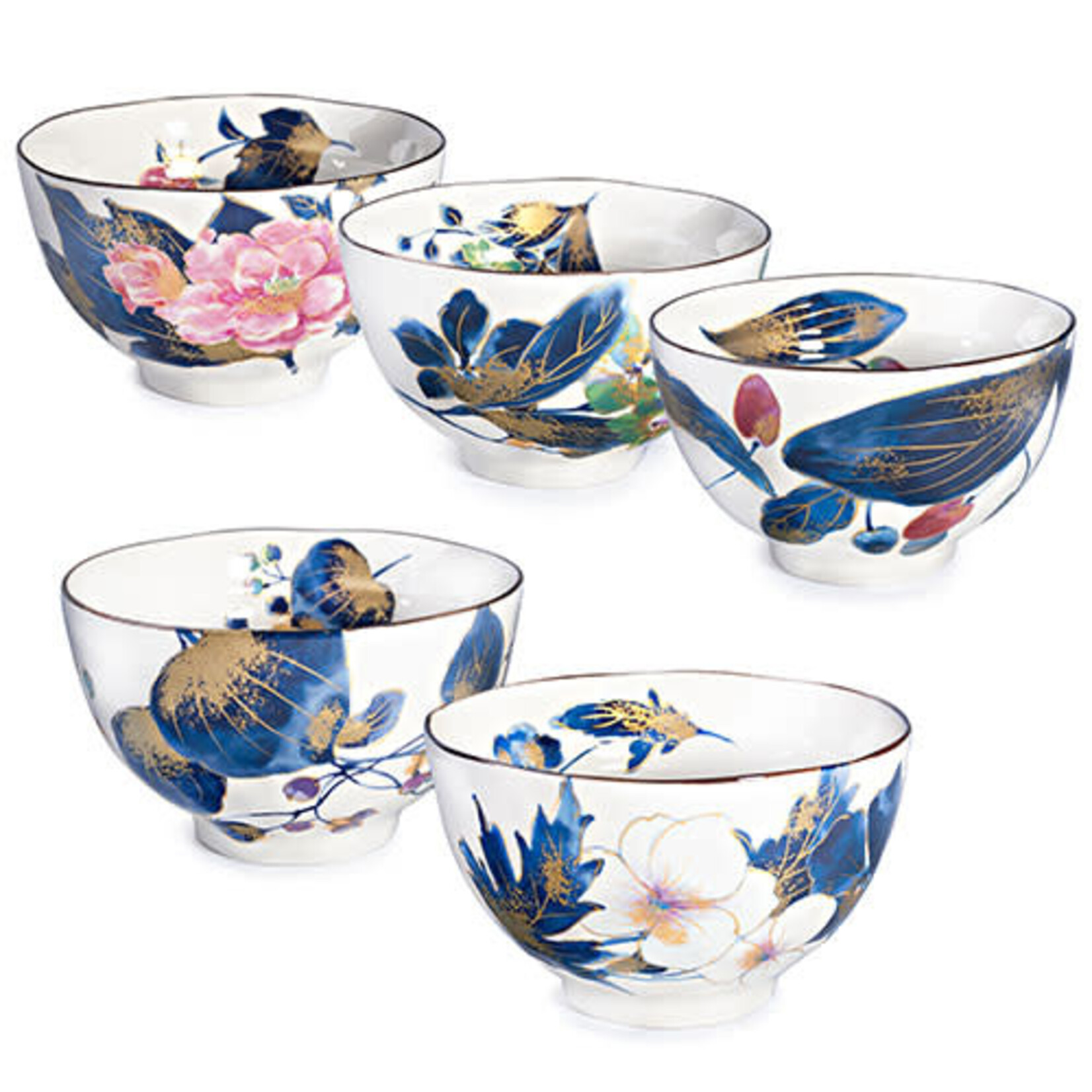 5pc Bowl Set in Wooden Box - Blue Flower Patterns CA54-HC
