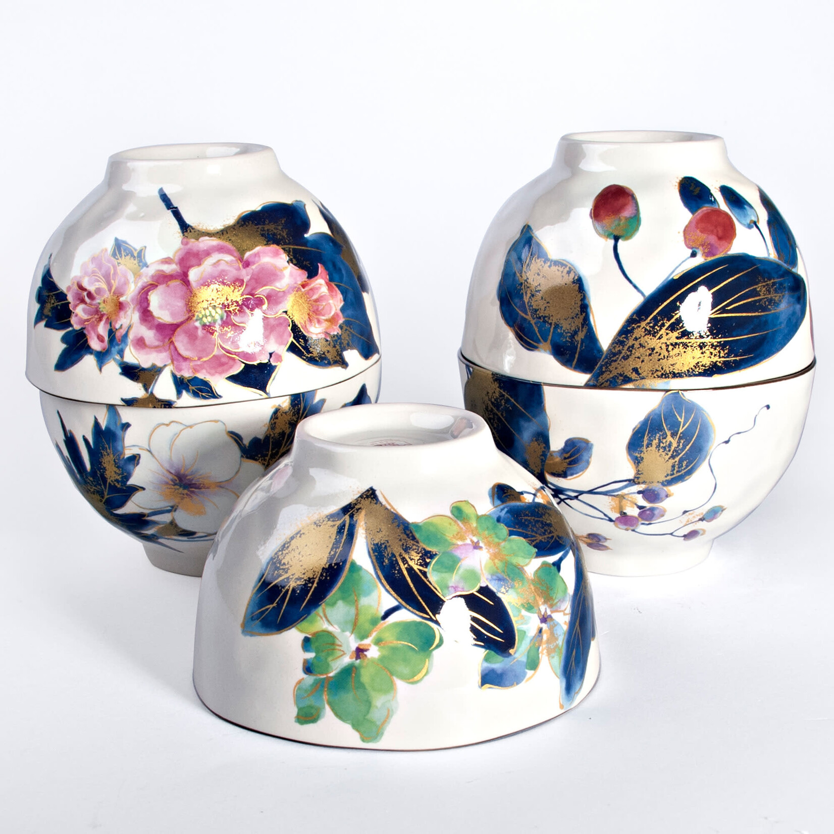 5pc Bowl Set in Wooden Box - Blue Flower Patterns CA54-HC