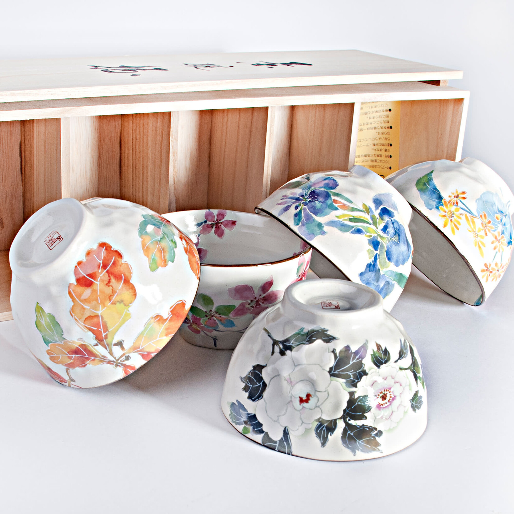 5pc Bowl Set in Wooden Box - Floral Patterns CA54-HG