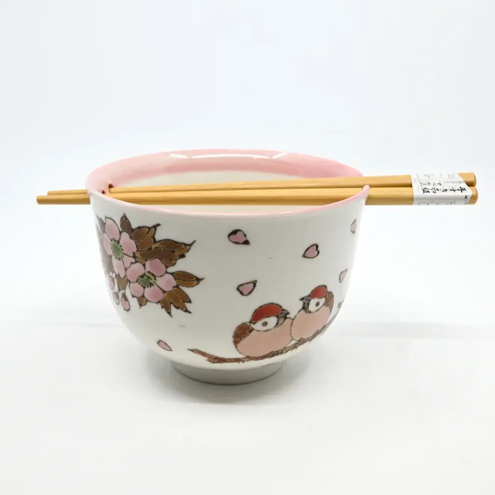 Bowl - Twin Sparrows Cherry Blossom w/Chopsticks - BCH525-SZM1