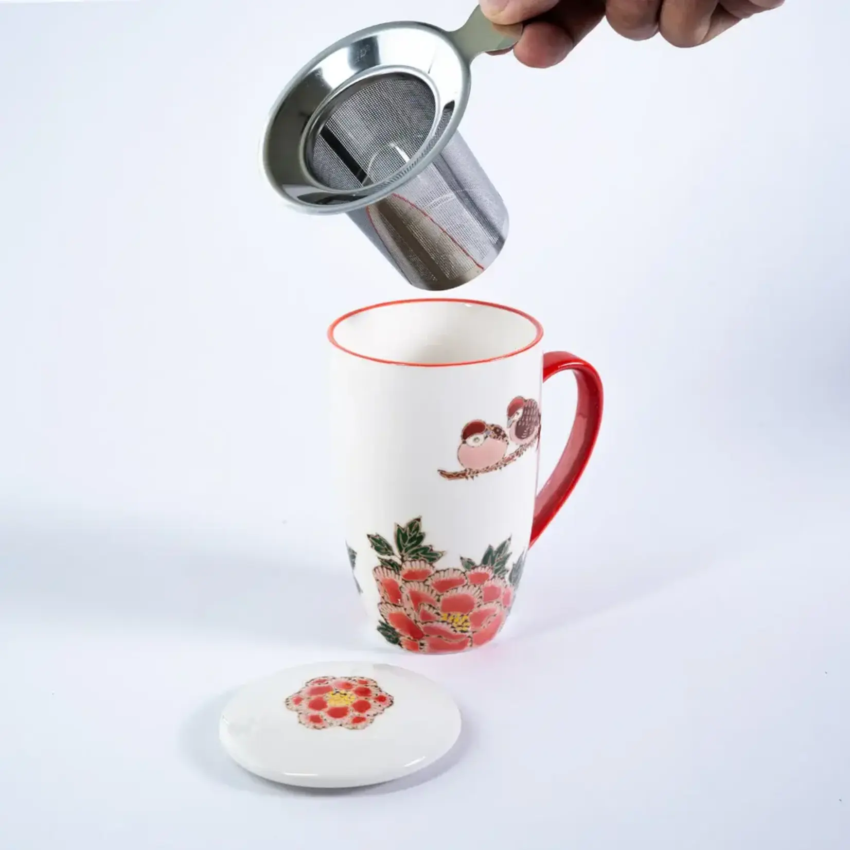 Mug - w/Lid & Strainer 15oz - Twin Sparrows Botan Peony TMS15-SZM3