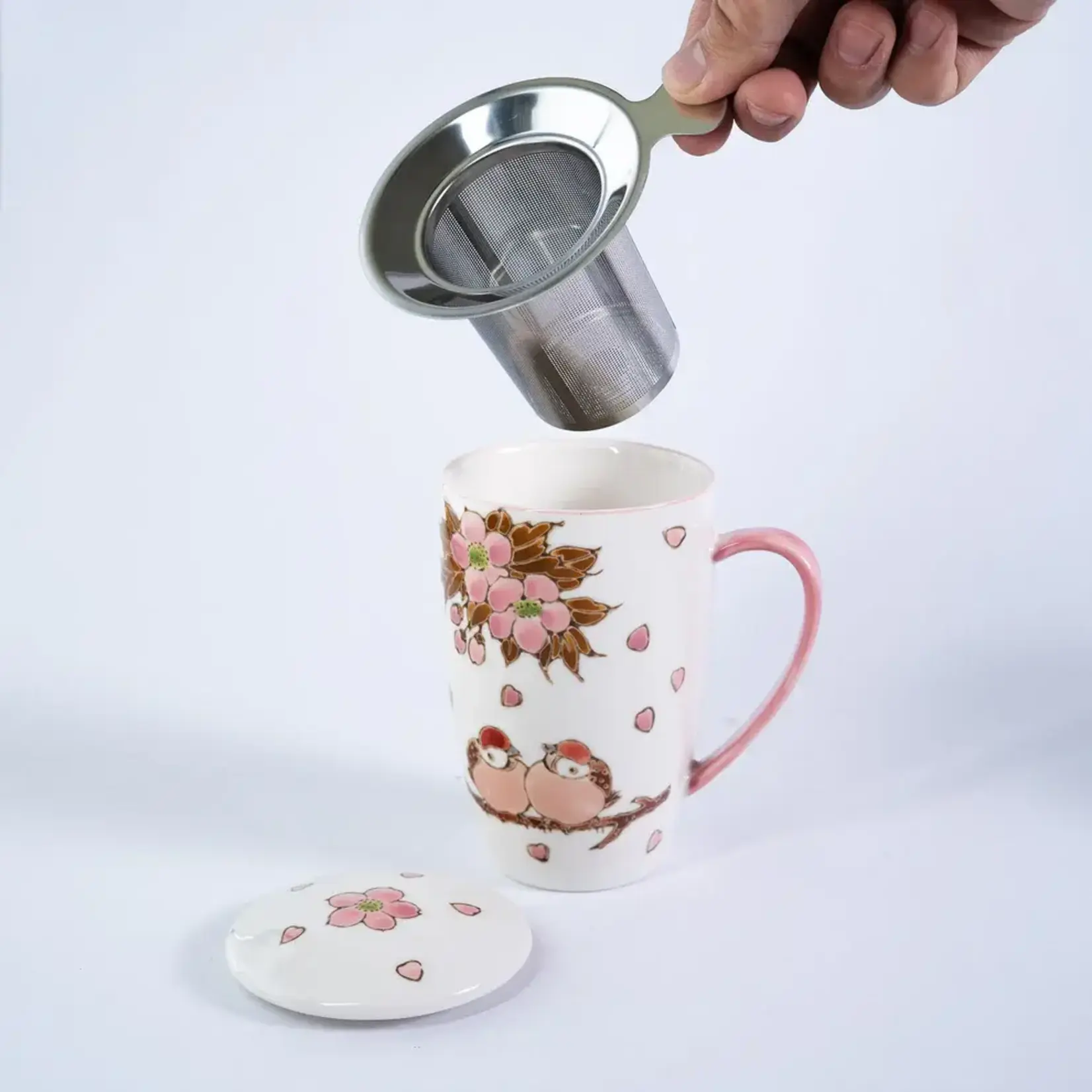 Mug - w/Lid & Strainer 15oz - Twin Sparrows Cherry Blossoms TMS15-SZM1