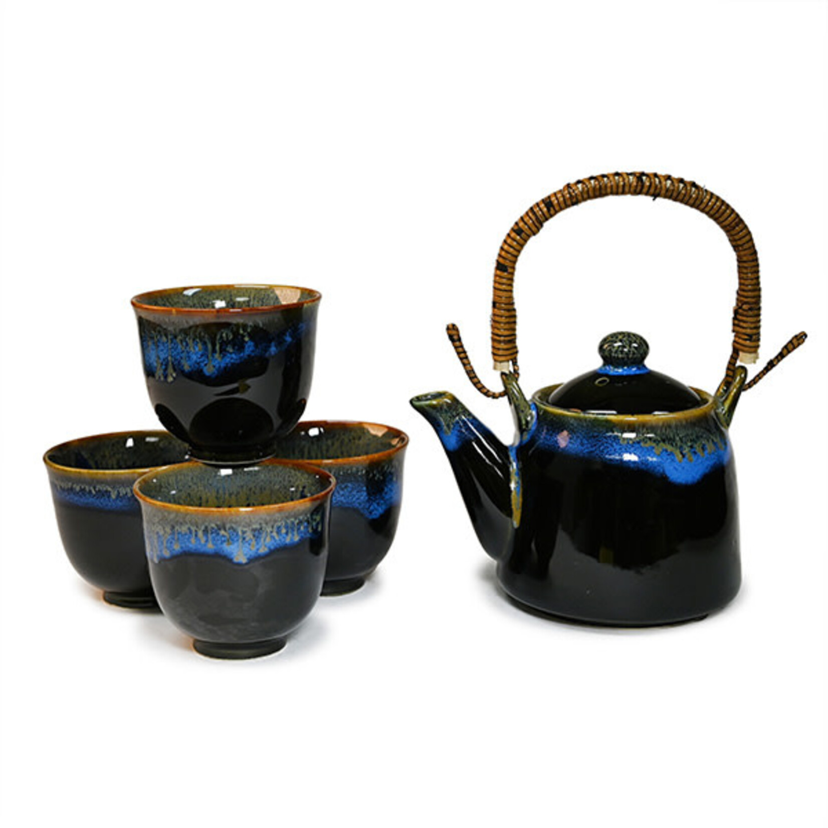 Tea Set 1:4 16 oz. Pot w/4 cups Blk with Blue - KA64-KY