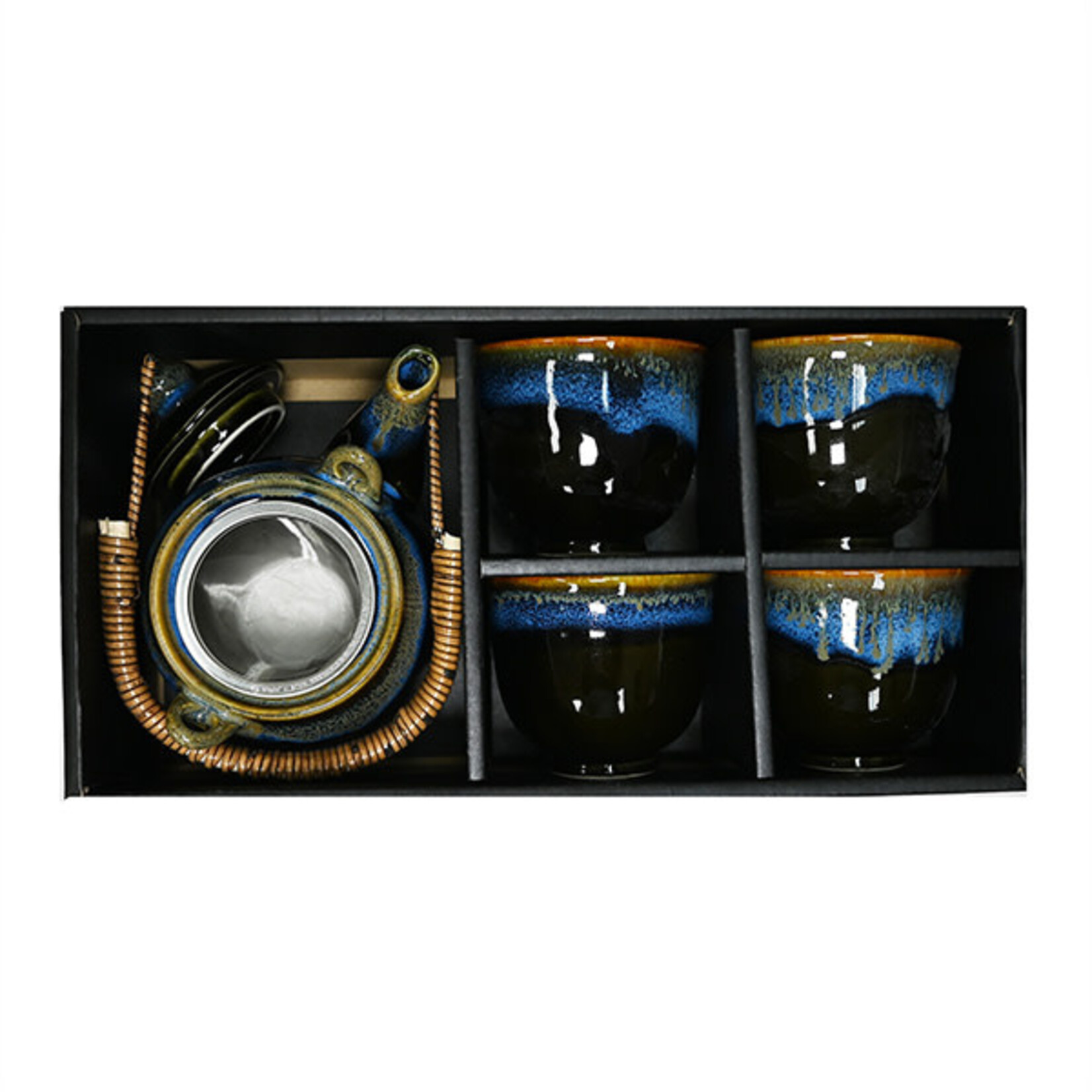 Tea Set 1:4 16 oz. Pot w/4 cups Blk with Blue - KA64-KY