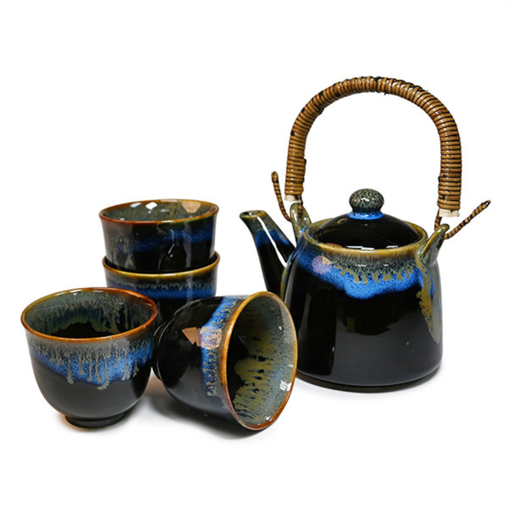 Tea Set 1:4 16 oz. Pot w/4 cups Blk with Blue - KA64-KY