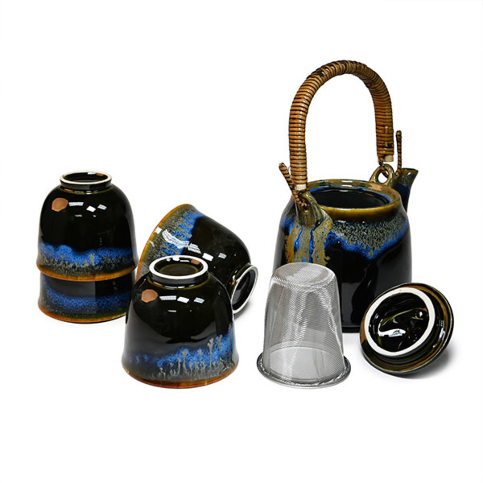 Tea Set 1:4 16 oz. Pot w/4 cups Blk with Blue - KA64-KY