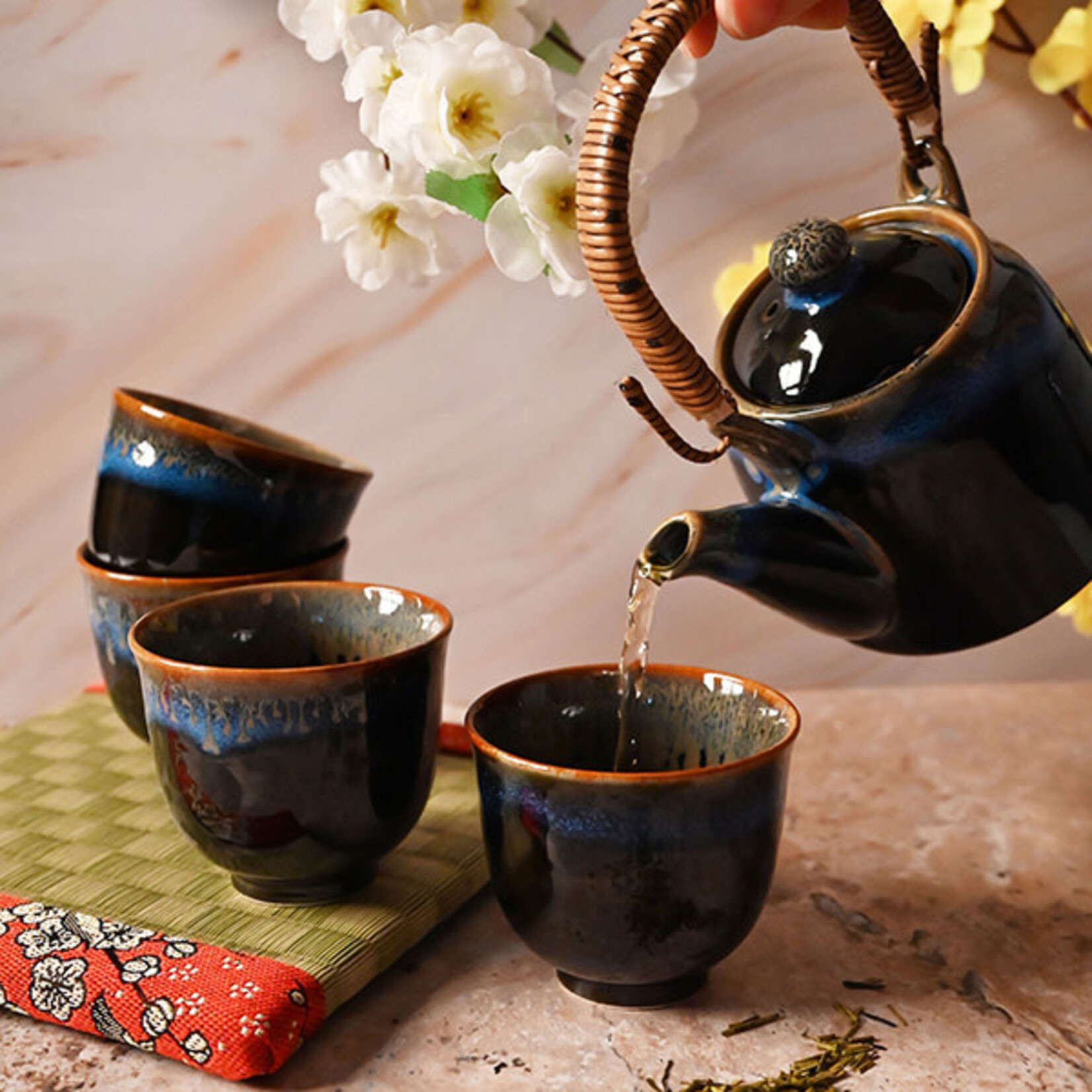 Tea Set 1:4 16 oz. Pot w/4 cups Blk with Blue - KA64-KY