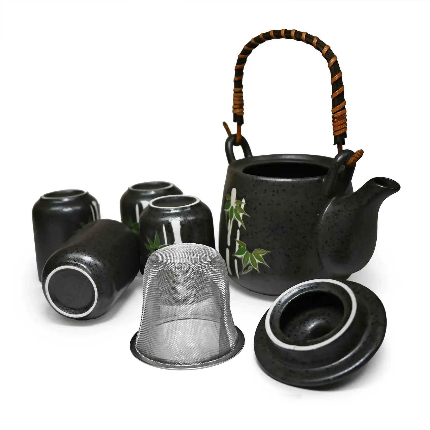 Tea Set 1:4 Pot w/4 cups Black w/Bamboo - TPS105