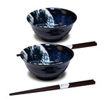 Bowl Set of 2 w/Chopsticks 20oz - Blue / Hokusai - YG56S-BWV