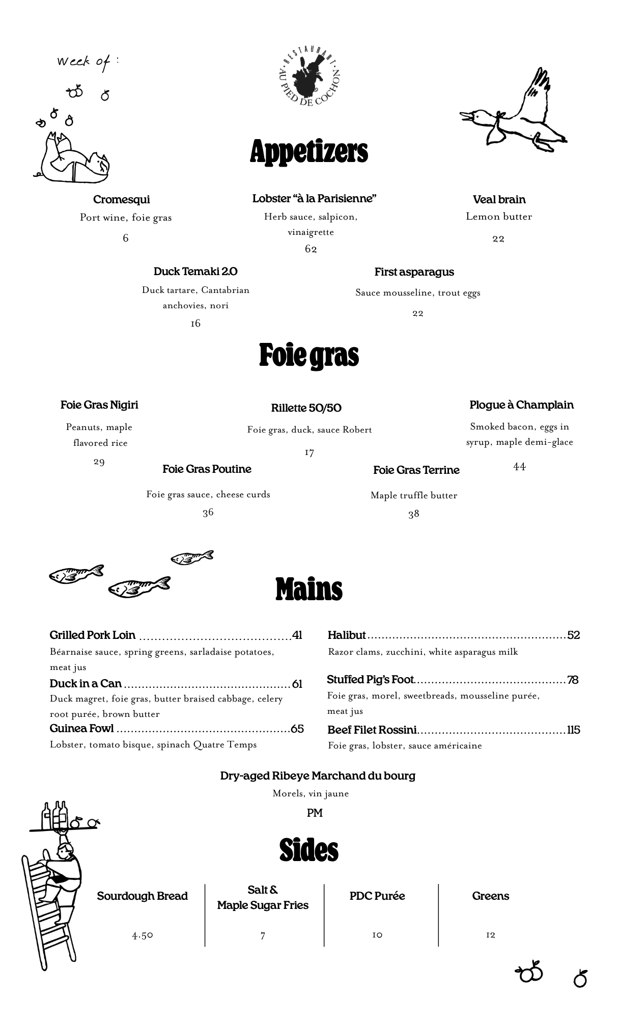 Menu of the day Au Pied de Cochon Restaurant