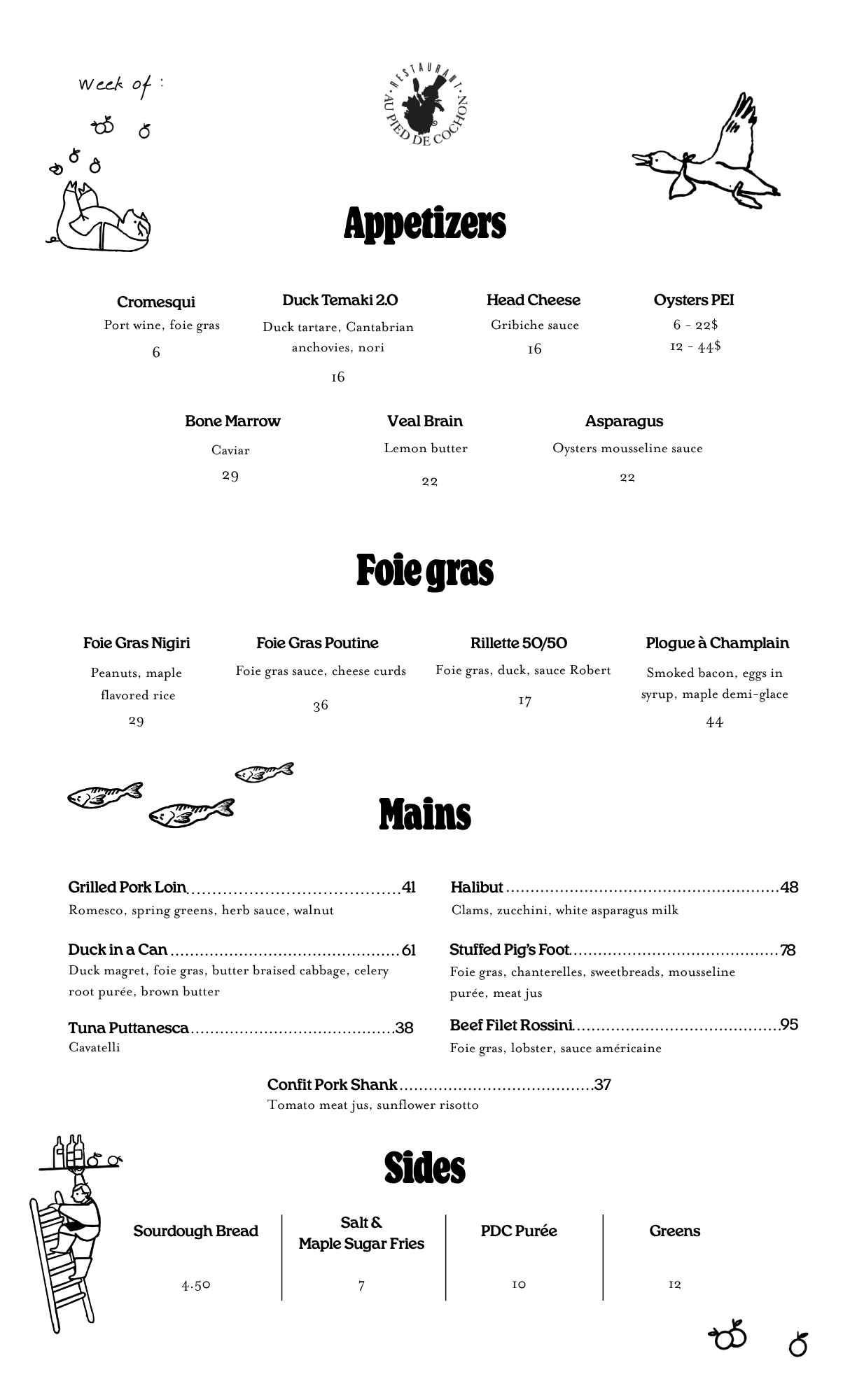 Menu of the day Au Pied de Cochon Restaurant