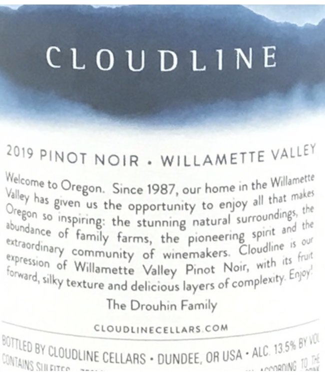 Cloudline Pinot Noir  2019 Willamette Valley Oregon