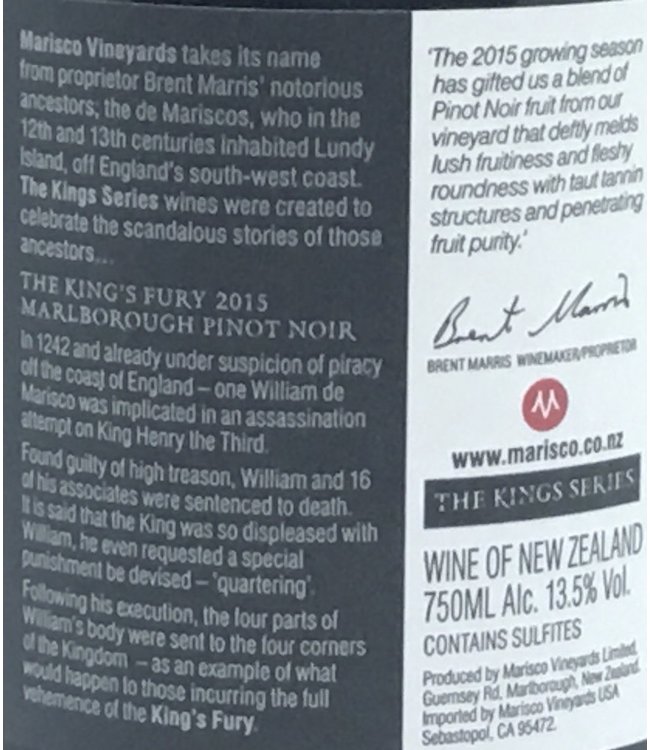 Marisco Vineyards The King's Fury Pinot Noir 2015