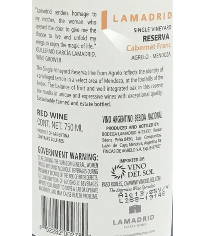 LaMadrid Reserva  Single Vineyard Cabernet Franc 2019 Agrelo - Argentina