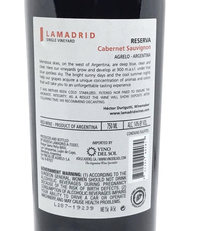 LaMadrid Reserva Single Vineyard Cabernet Sauvignon  2018 Agrelo - Argentina