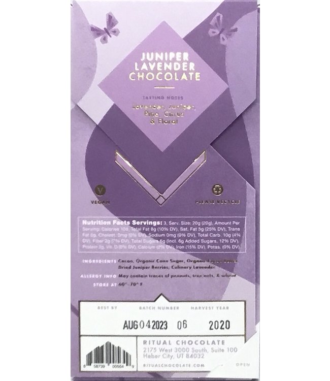 Ritual Juniper Lavender  70% Chocolate Bar 2.12oz