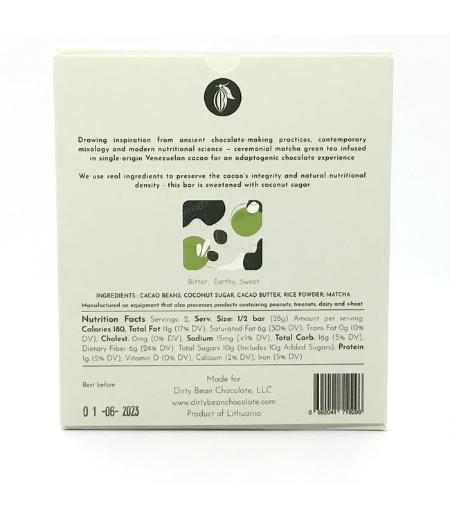 Dirty Bean Chocolate "Matche Latte" 1.91oz  Vegan  Lithuania