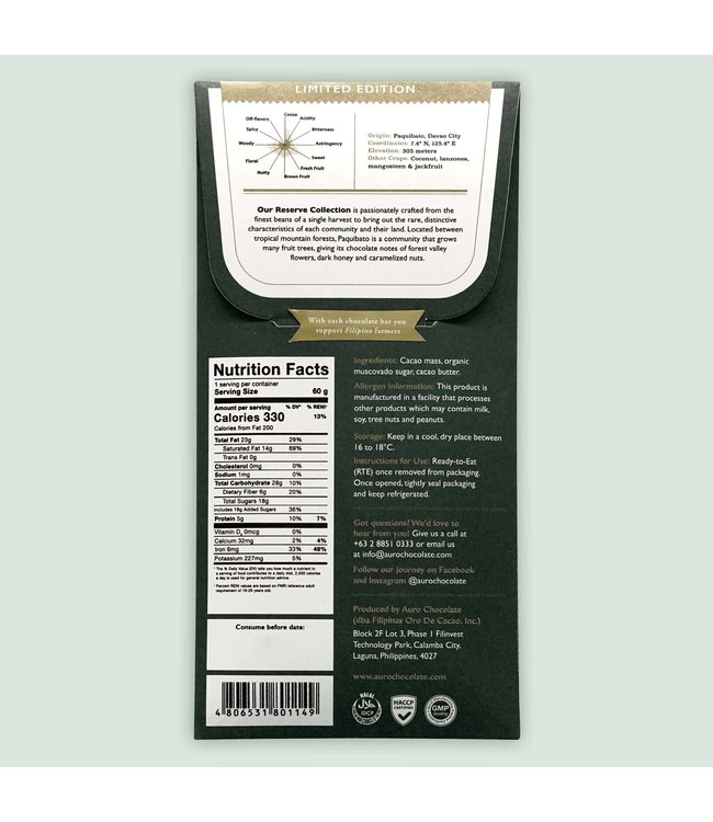 Auro Reserve 2020 "Paquibato" Single Estate 70% Dark Chocolate 2.12 oz - Philippines