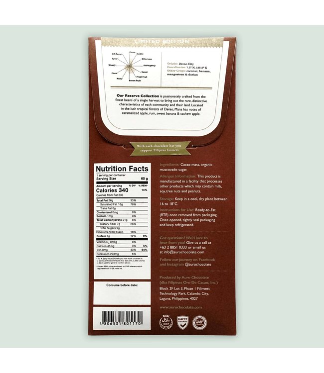 Auro Reserve  "Mana" Single Estate 85% Dark Chocolate 2.12 oz - Philippines