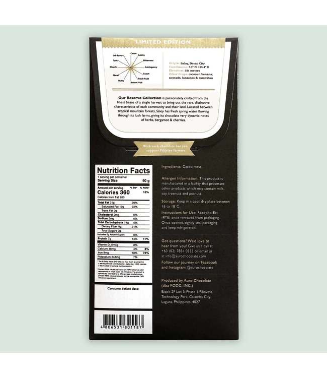 Auro Reserve 2020 "Saloy" Single Estate 100% Dark Chocolate - Philippines