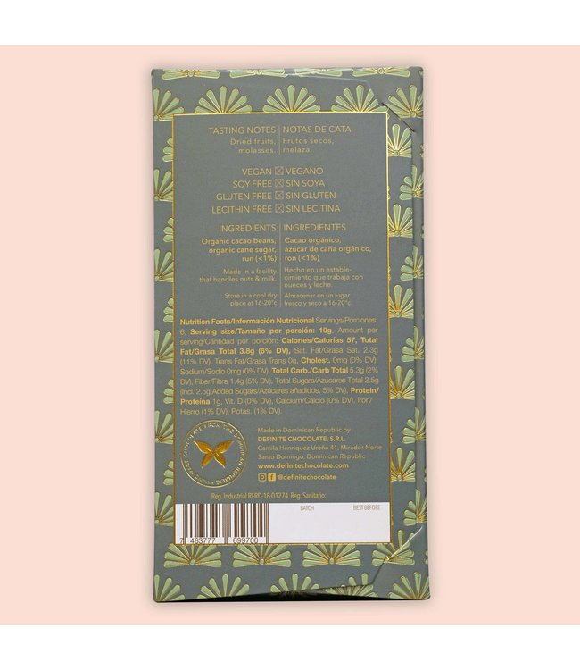 Definite Chocolate Bar 75%  Dark Rum 2.1 oz Dominican Republic