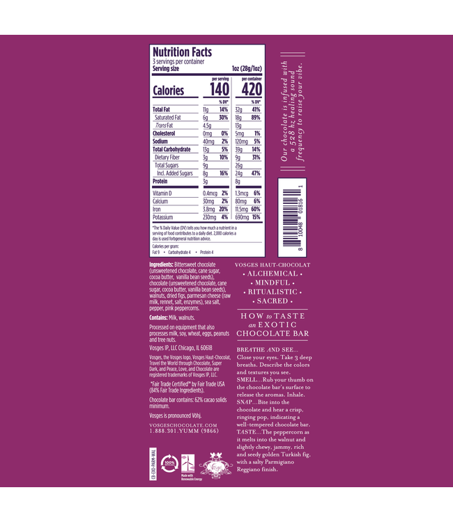 Vosges 67% Dark "Parmesan Walnut & Fig" Chocolate  Bar 3oz  Chicago - IL