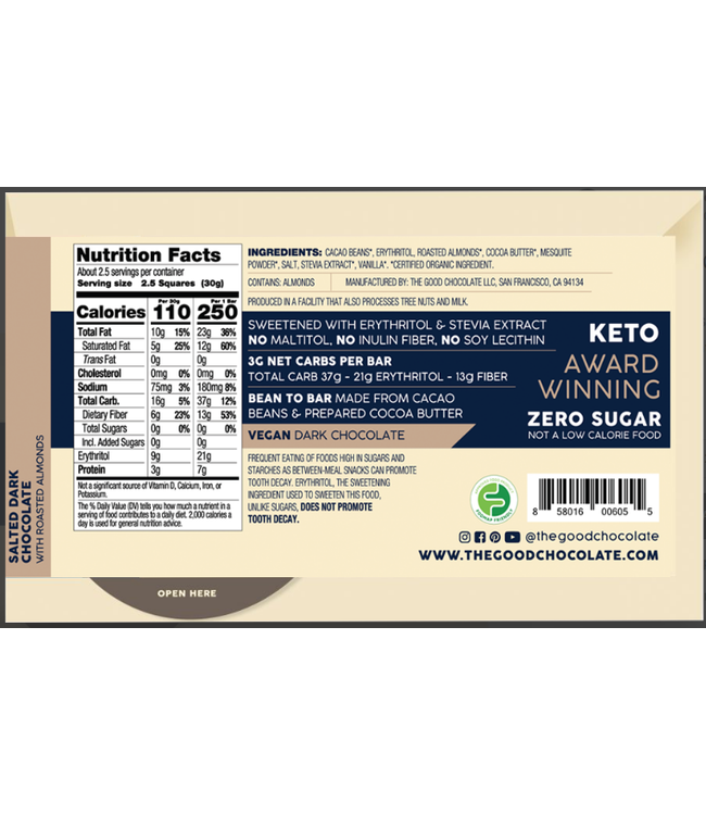 The Good Chocolate 65% Signature Dark "Zero Sugar" 2.5oz San Francisco