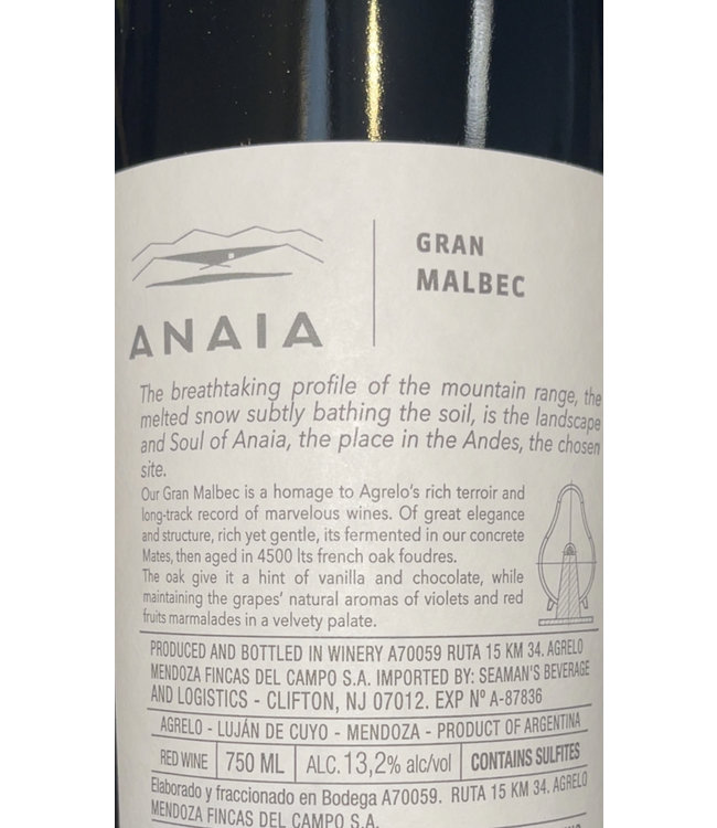 Anaia Gran Malbec 2017 Agrelo - Mendoza - Argentina