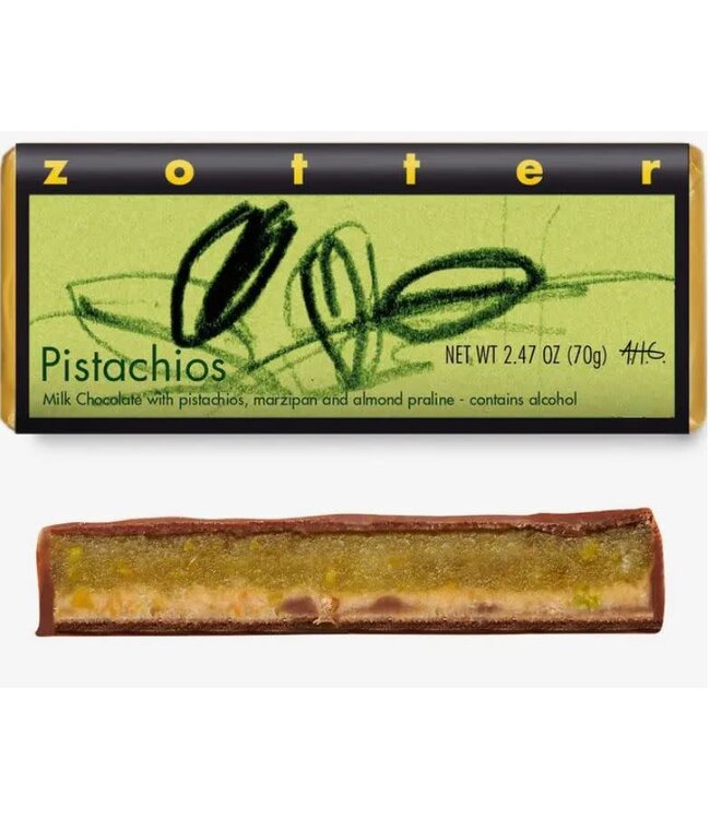 Zotter Pistachio & Marzipan Praline Milk Chocolate Bar 2.47oz Austria