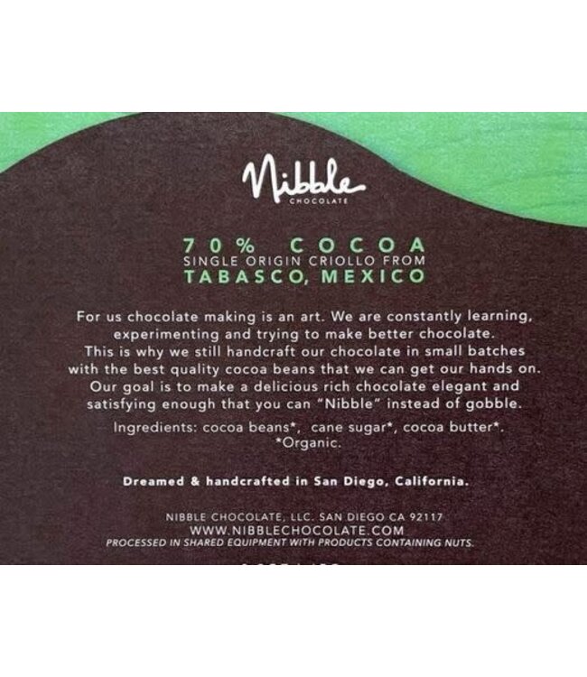 Nibble 70% Dark Single Origin Chocolate Bar Tabasco - Mexico