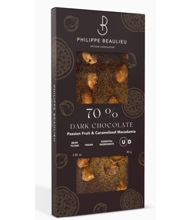 Philippe Beaulieu Chocolatier 70% Dark Passion Fruit & Caramelized Macadamia  Ecuador