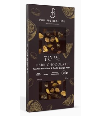 Philippe Beaulieu Chocolatier 70% Roasted Pistachios & Orange Confit  Ecuador