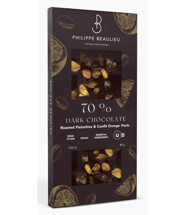 Philippe Beaulieu Chocolatier 70% Roasted Pistachios & Orange Confit  Ecuador