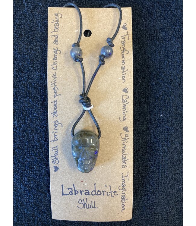 TannE Jewelry Designs Labradorite Skull Necklace- Larvikite Beads
