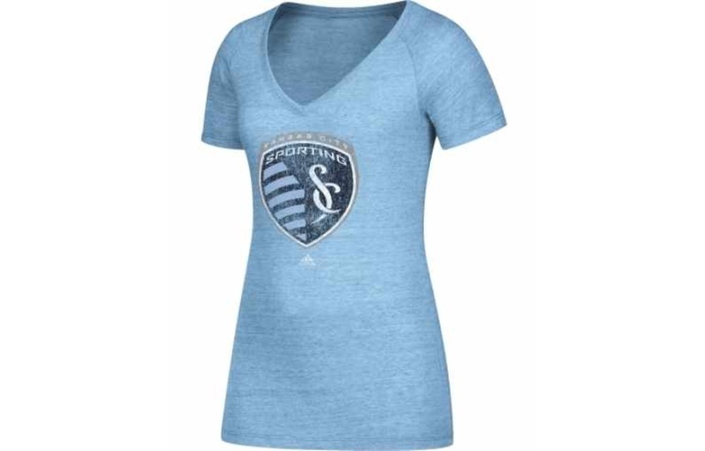 adidas Sporting Kansas City MLS Womens V-Neck Logo T-Shirt - Heathered Blue