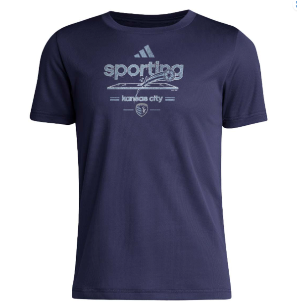 adidas Youth SKC Sporting Kansas City MLS 2025 Pregame Script Tee Shirt - Navy Blue