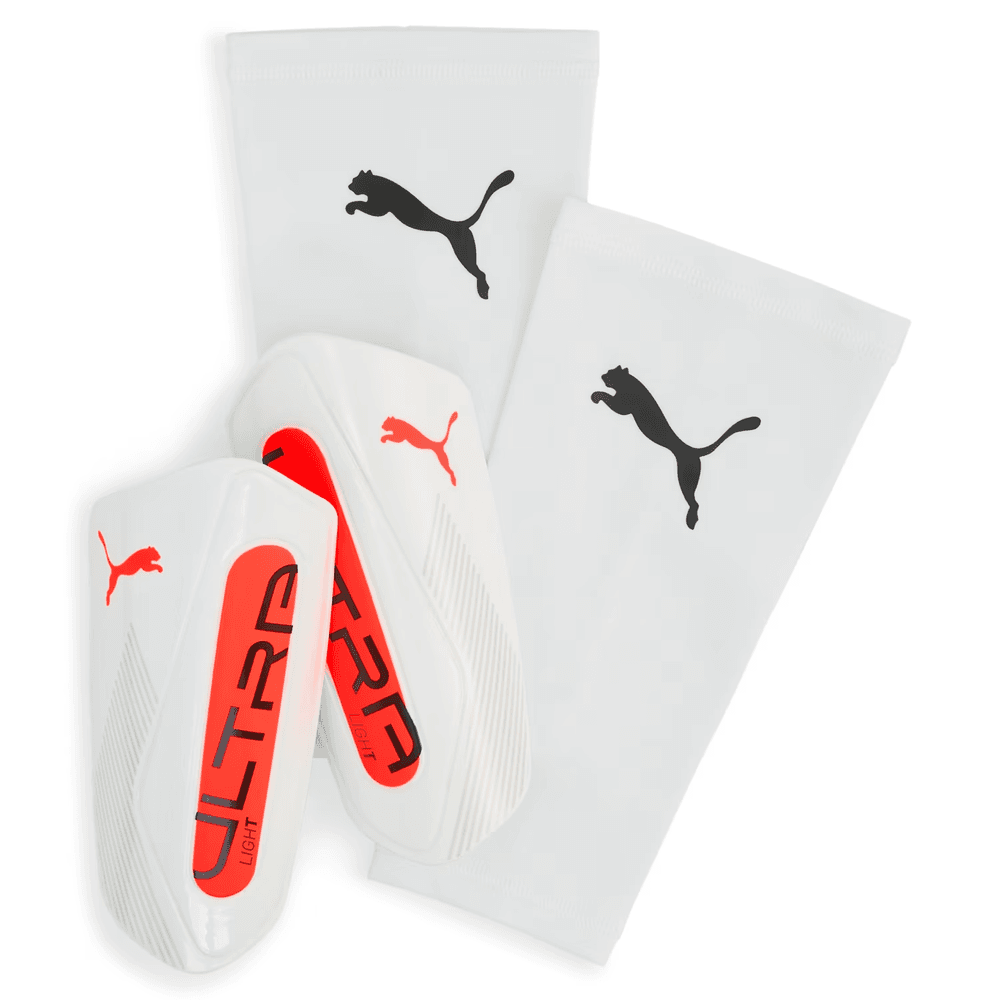 Puma 2025 Ultra Light Sleeve Shin Guards - White/Glowing Red