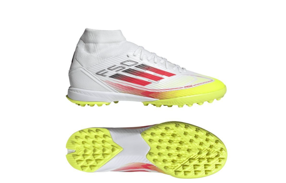adidas Womens F50 League Mid TF Turf Shoes - Cloud White/Lucid Red/Solar Yellow