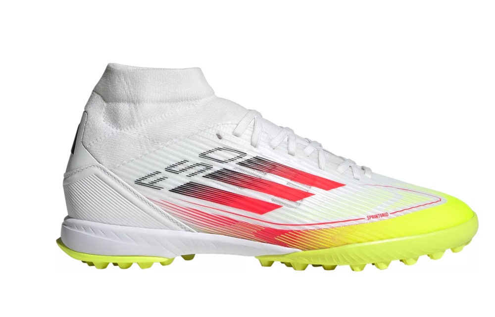 adidas Womens F50 League Mid TF Turf Shoes - Cloud White/Lucid Red/Solar Yellow