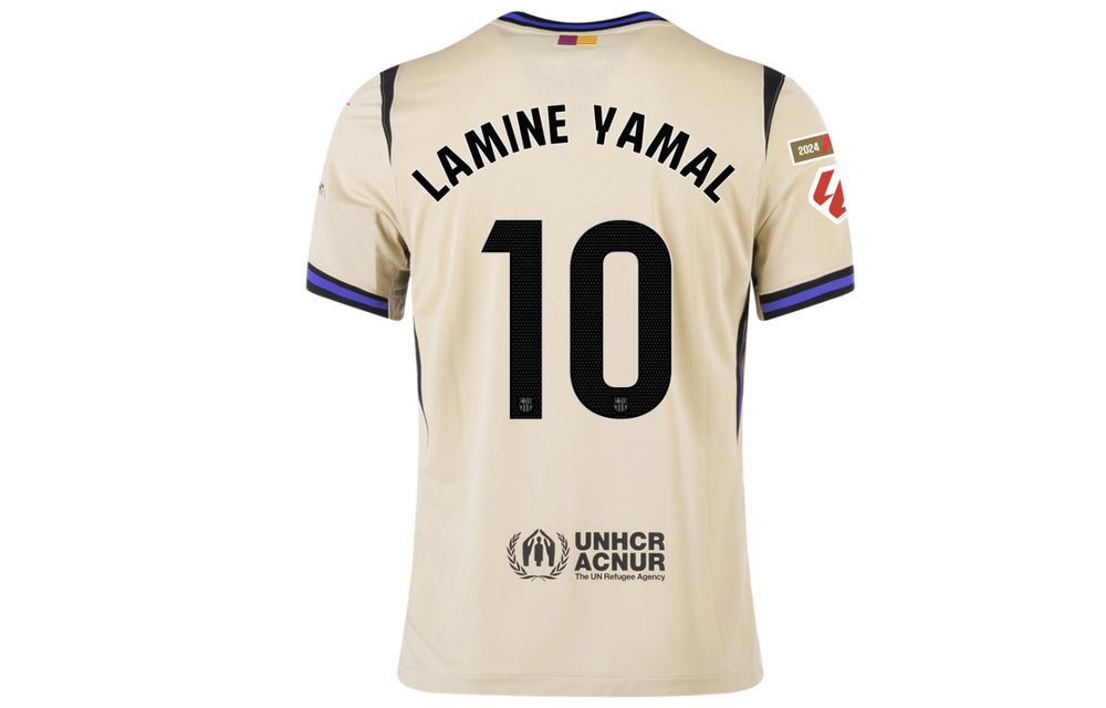 Nike Barcelona 2025 - 26 Lamine Yamal Away Jersey + La Liga Patch - Team Gold/Persian Violet/Black