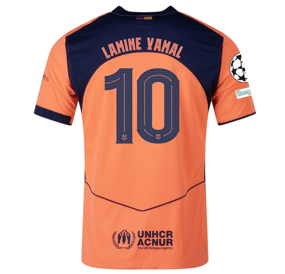 Nike Barcelona 2025 - 26 Lamine Yamal Third Jersey + UCL Patch - Orange/Dark Obsidian